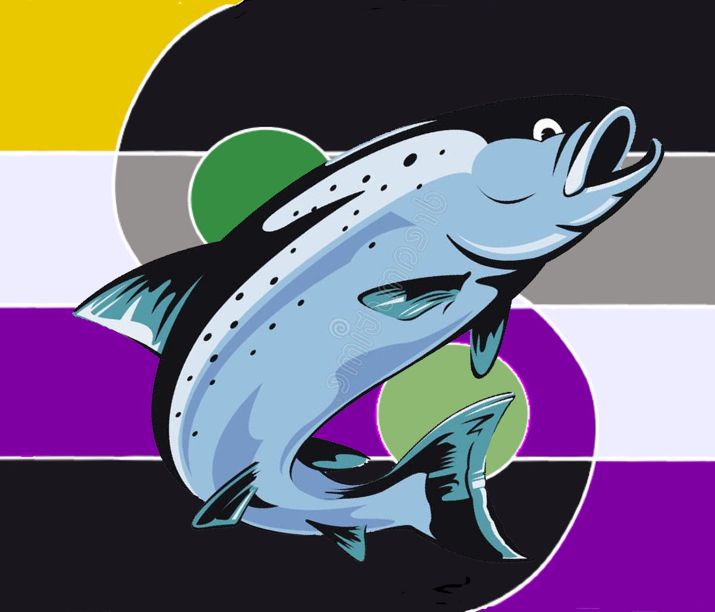 graphic of a salmon in from of a pride flag combining the asexual and non-binary flags, with the aromantic flag colours integrated