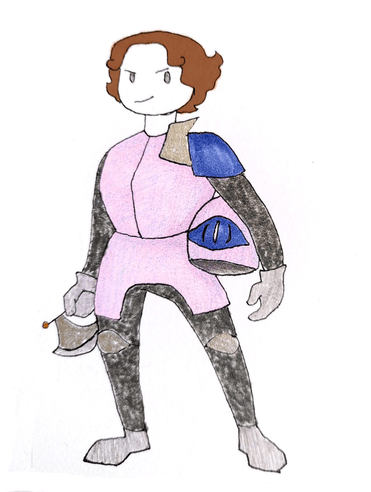 Jean, a knight in pruple plate armour with her helmet under her arm and an axe in hand