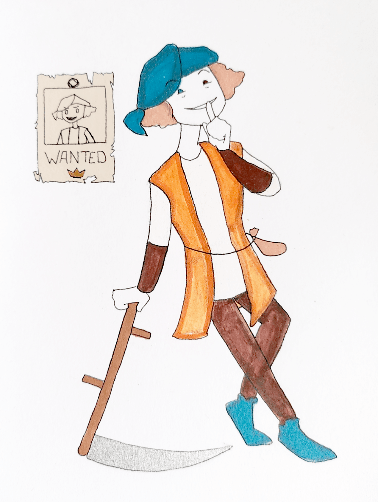 Liri, A friendly farmer with a sickle and a wanted poster with his face behind him