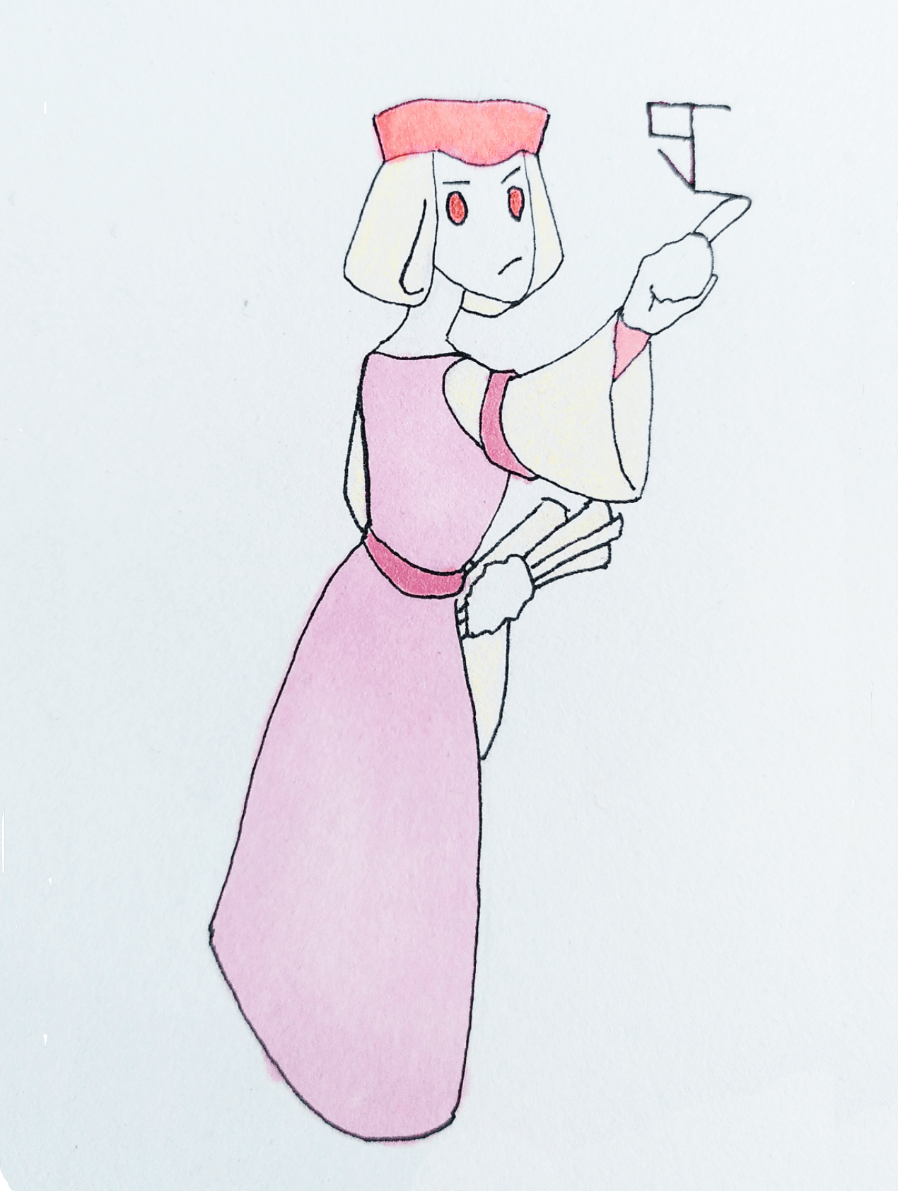 Maud, in a similar colour-scheme to Fiona, drawing a number in the air and carrying a cluster of rolled-up parchments