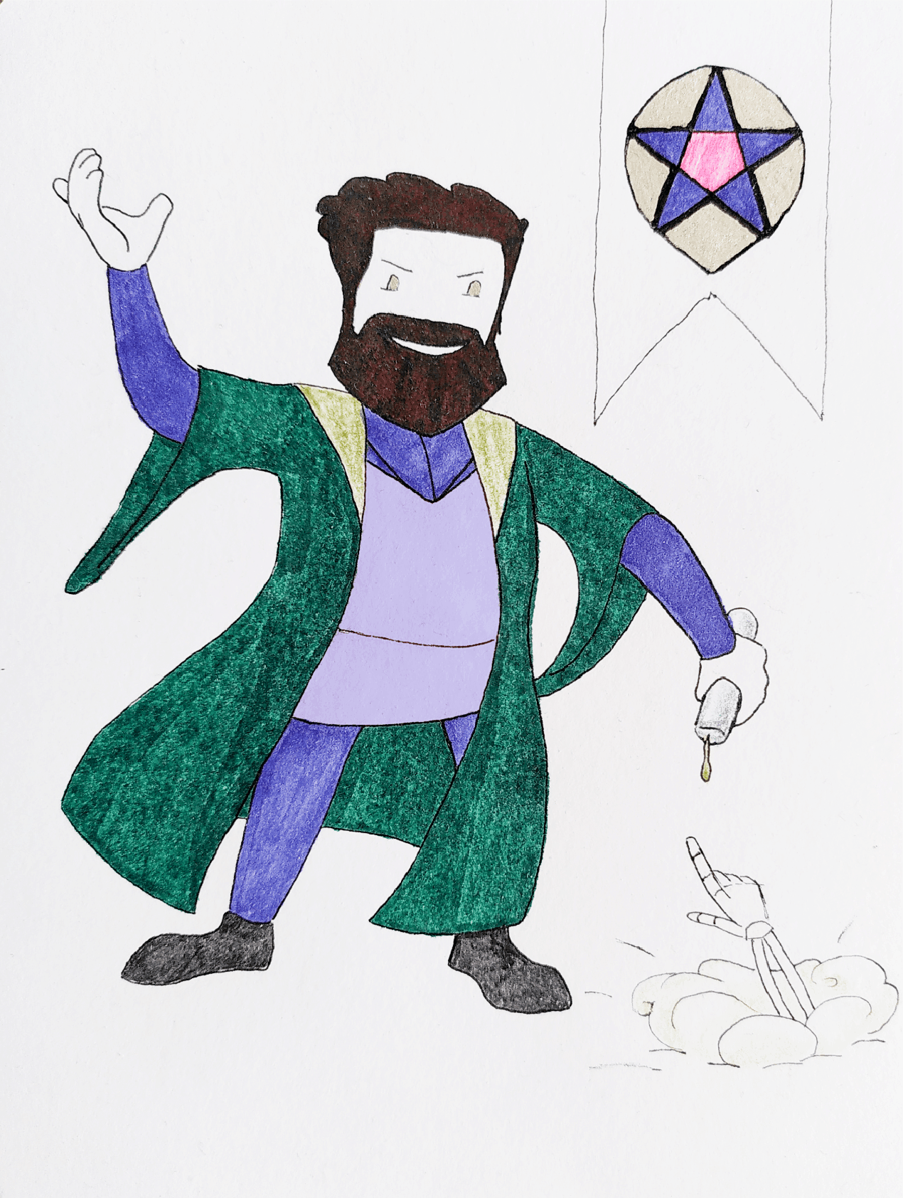 Dark Lord Robert, potion in hand, as a skeleton hand rises from the ground pointing at him