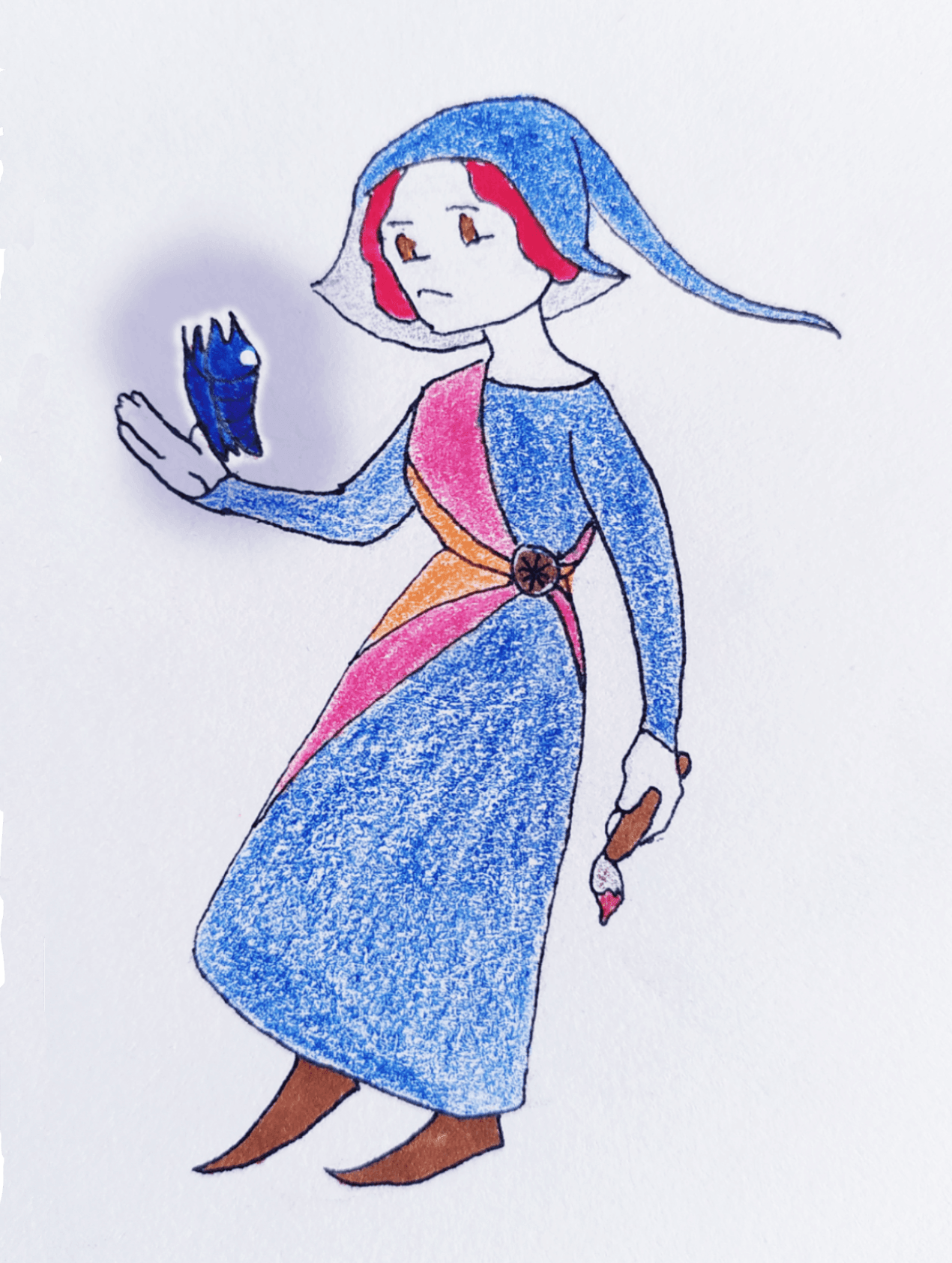 Spotlight, with a pointy cowl-hat looking at a creature that emits darkness floating above her hand