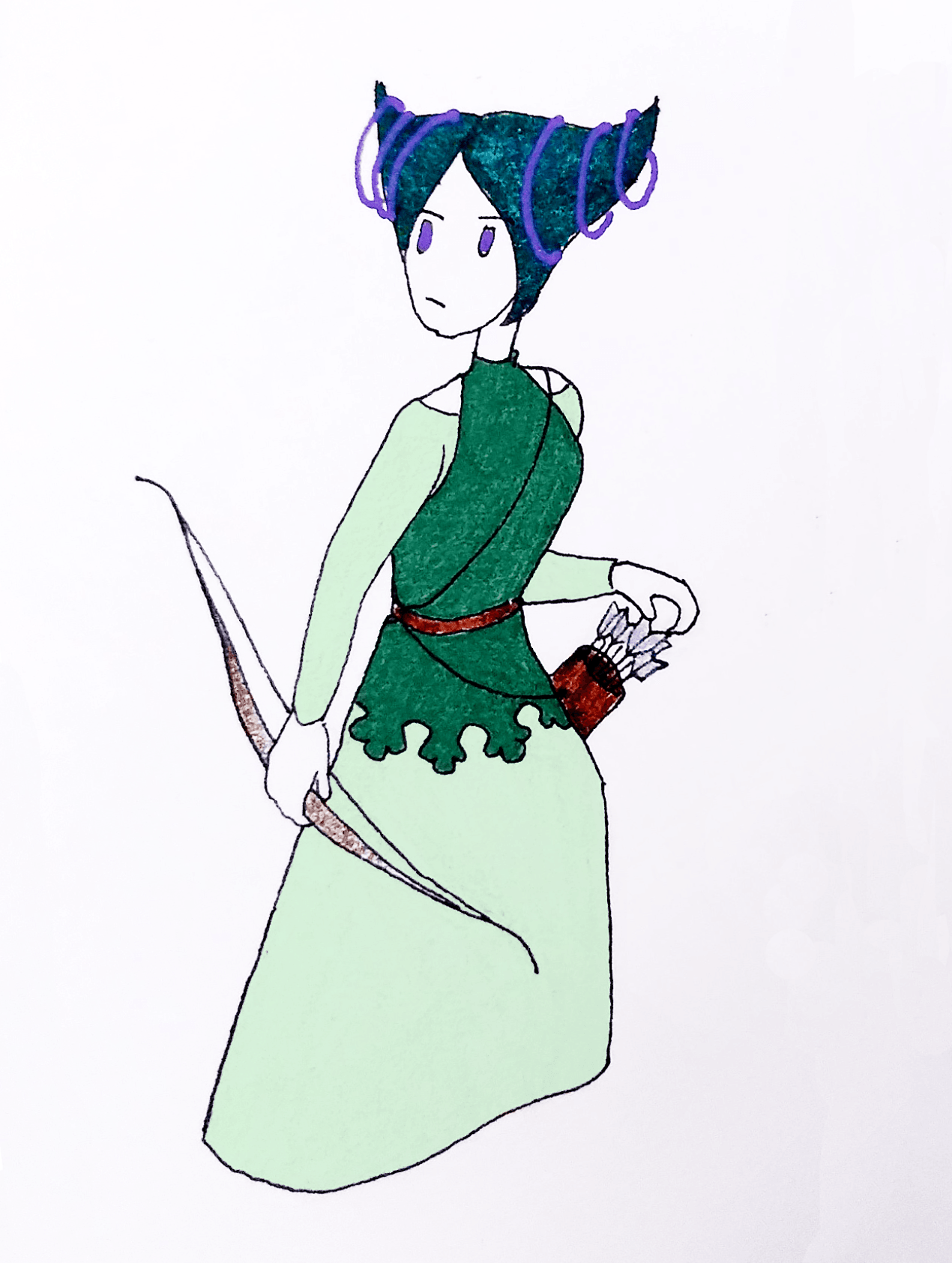 Violet, with a quiver of arrows at her hip and a bow in hand.